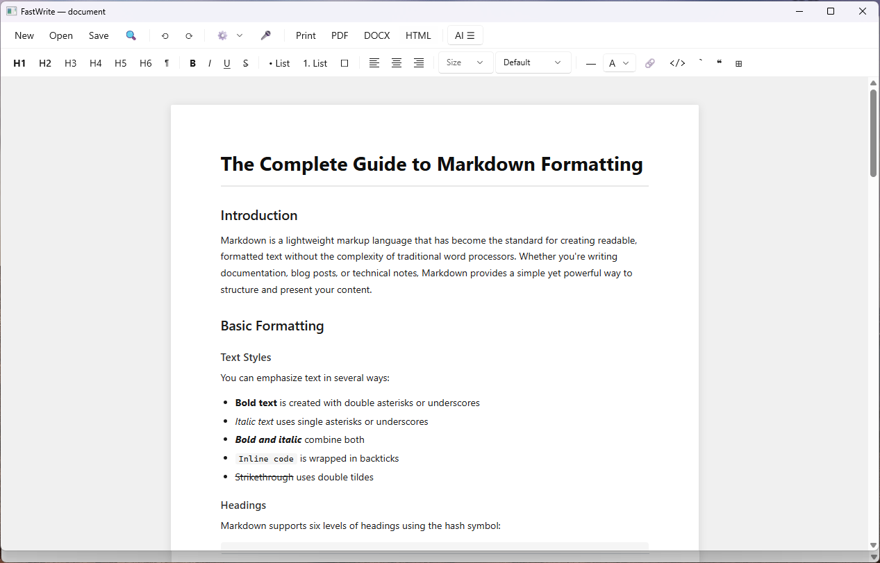 FastWrite markdown editor — clean document view with AI panel