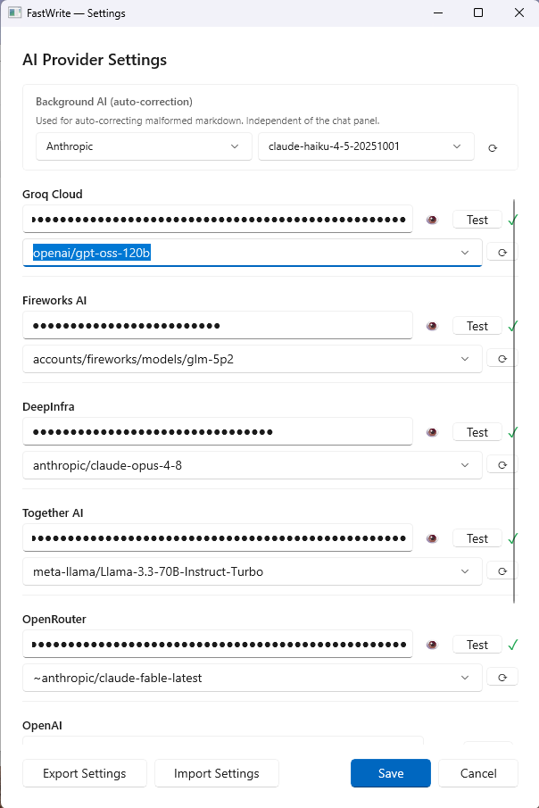 FastWrite provider settings — all 7 AI providers